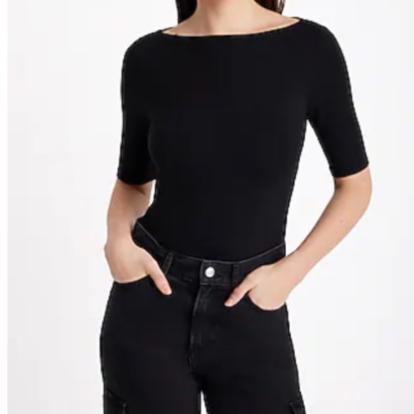 Express Supersoft Fitted Boat Neck Elbow Sleeve Tee L Black - Picture 1 of 3